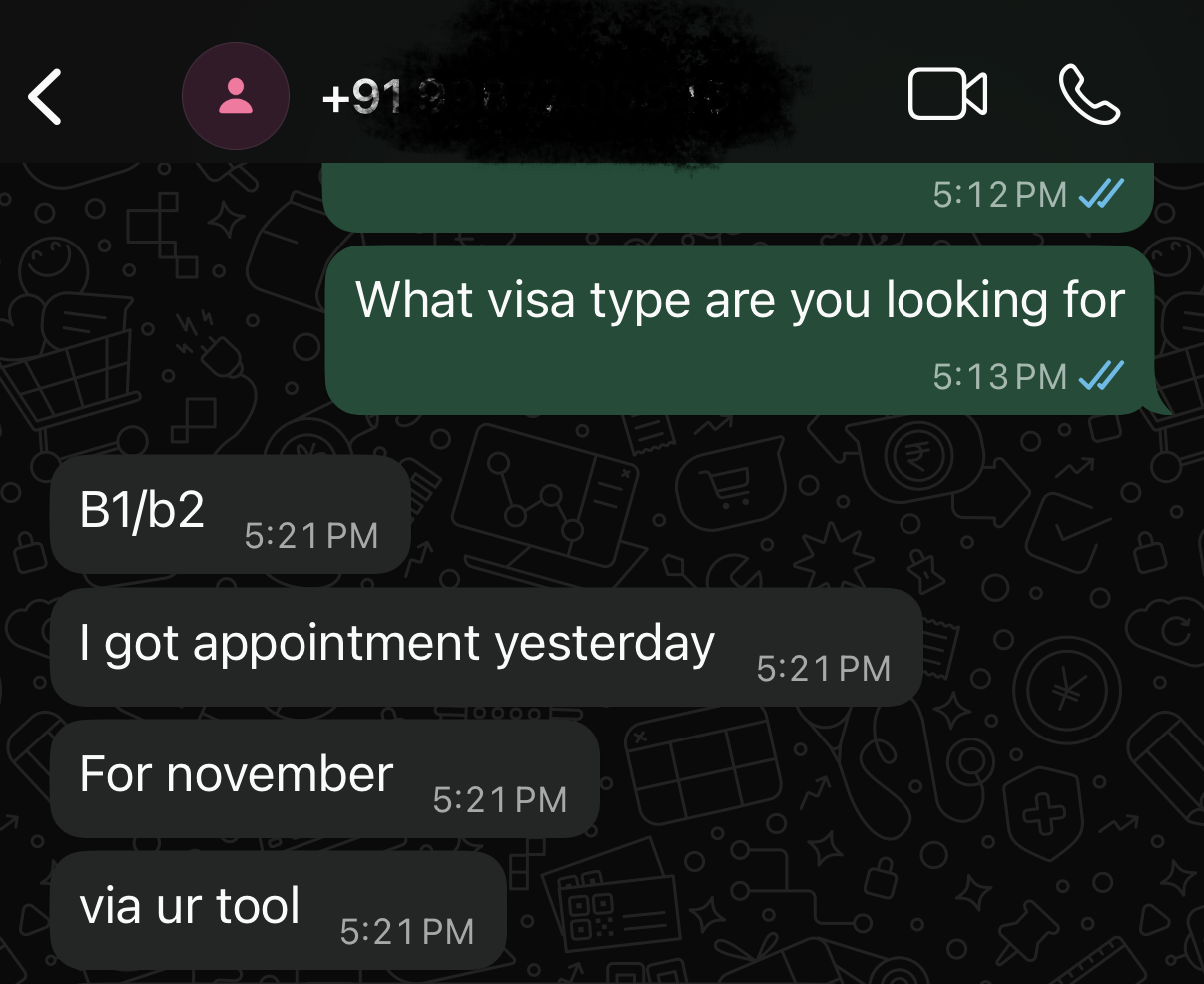 WhatsApp message from a FindVisaSlots user describing their experience